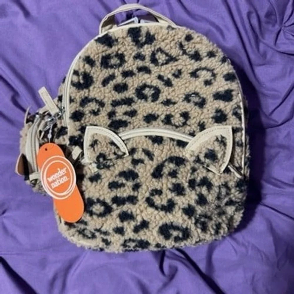 Girls Kitty Cat Plush Backpack – Leopard Print Faux Fur Kawaii Animal School Bag